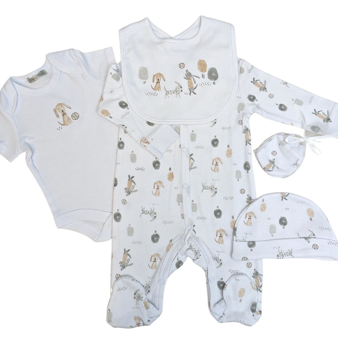 Baby Clothing Neutral 5 Piece Gift Set 'Puppy Dogs