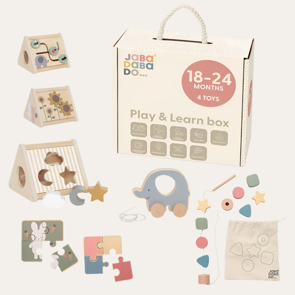 Play and Learn Box 18-24 Months with double-sided puzzle, pull-along elephant, gear game, maze, and shape sorter for toddler development