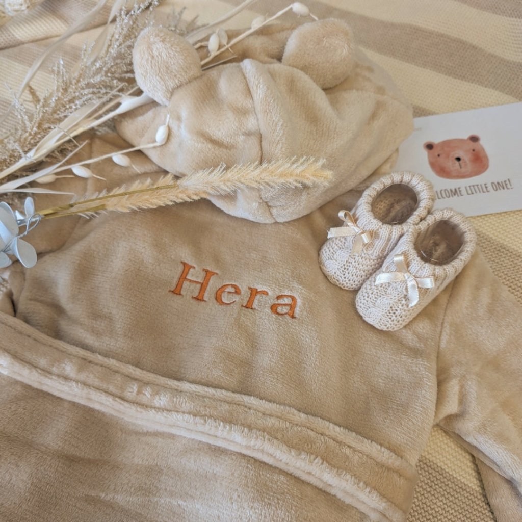 Personalised Baby Dressing Gown with Cute Ears - Caramel colour, personalised with baby's name on the back.