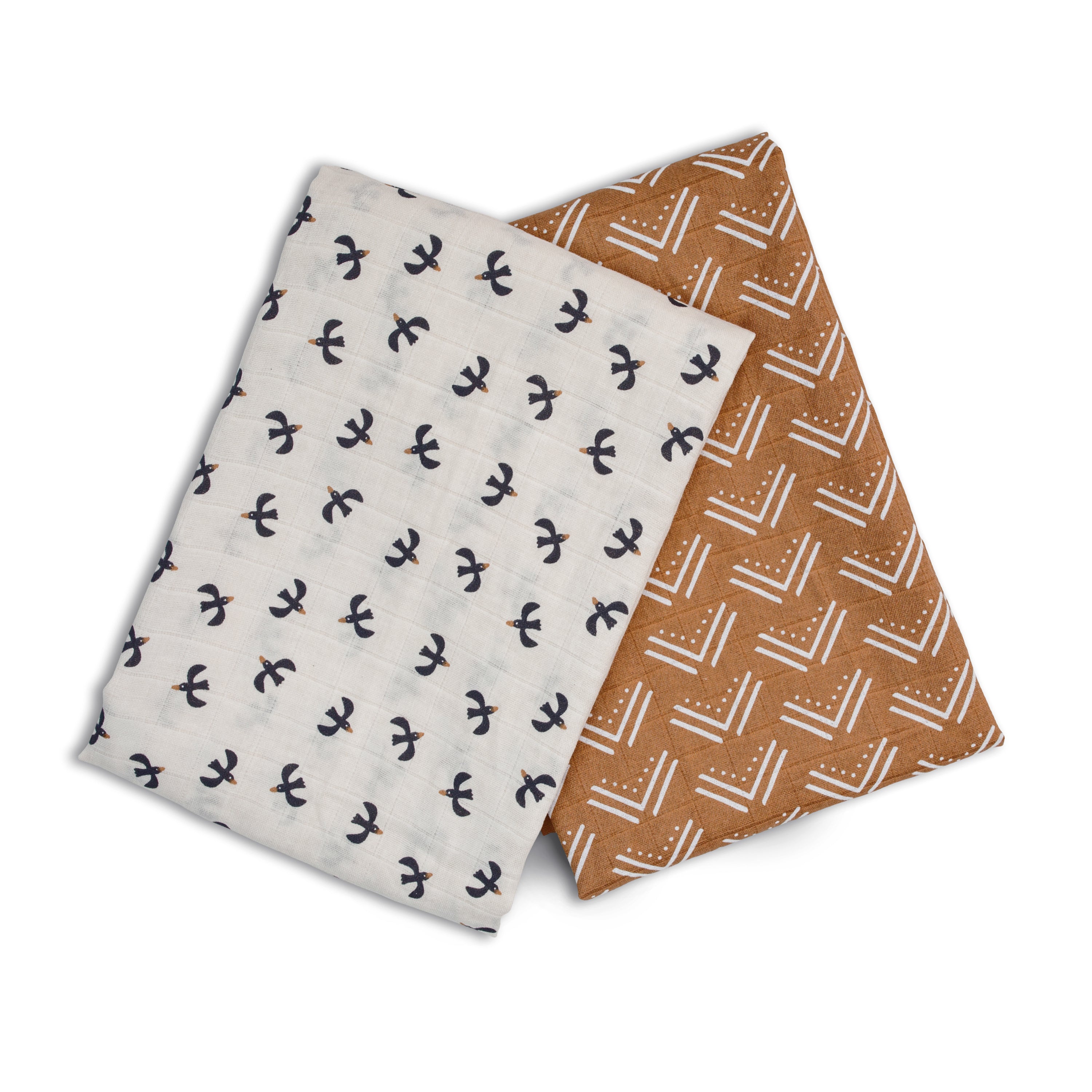 2 pack of large cotton muslin swaddle blankets.  1 is white with a blackbird print pattern and 1 is sand with a mudcloth print. Measuring 100 x 100cm they can be used as a swaddling blankets,  nursing cover ups, buggie covers or burp cloths