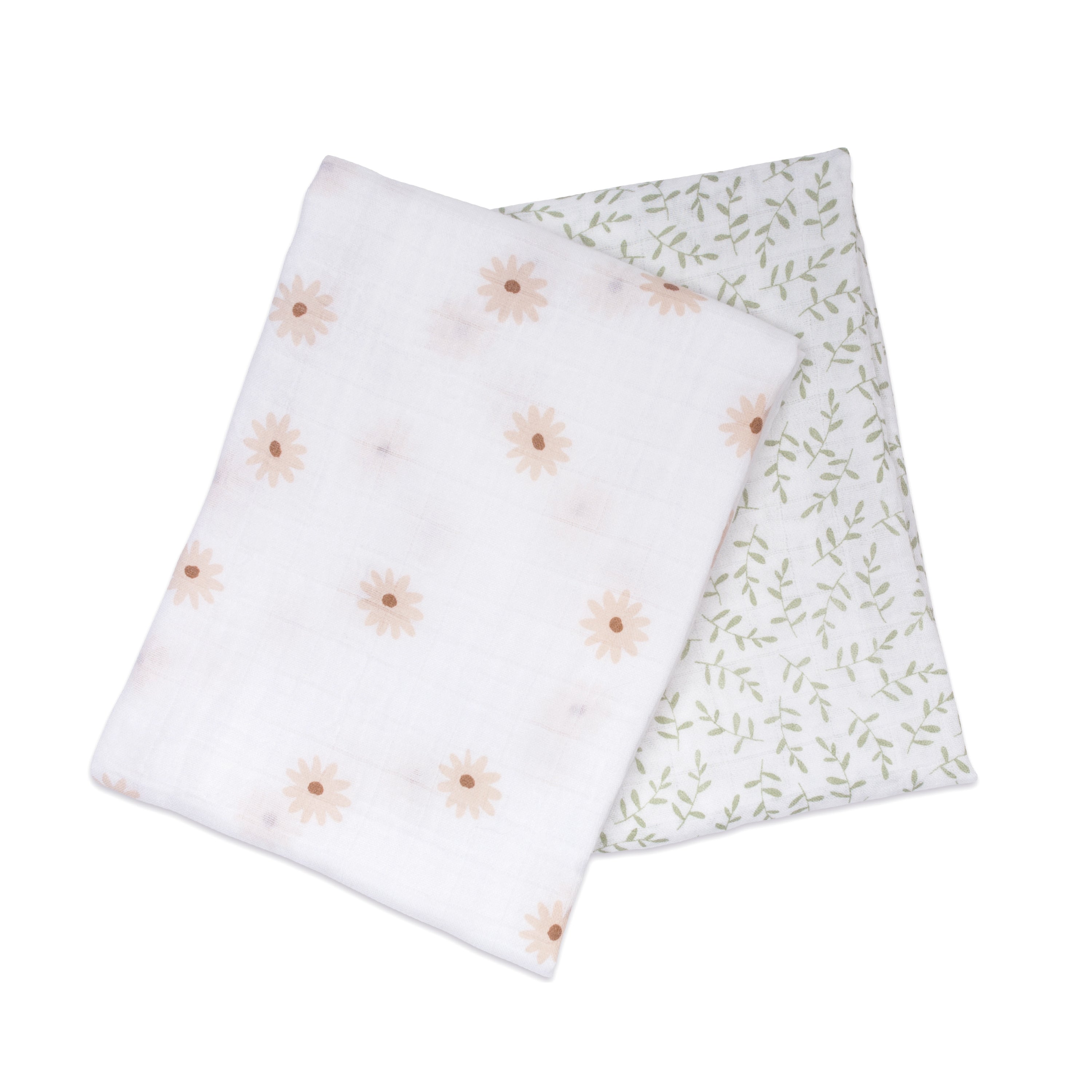 2 pack of large cotton muslin swaddle blankets.  1 is white with a daisy print pattern and 1 is white with a green leaf pattern. Measuring 100 x 100cm they can be used as a swaddling blankets,  nursing cover ups, buggie covers or burp cloths