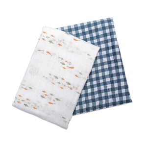 2 pack of large cotton muslin swaddle blankets.  1 is white with a fish print pattern and 1 is white and blue gingham. Measuring 100 x 100cm they can be used as a swaddling blankets,  nursing cover ups, buggie covers or burp cloths