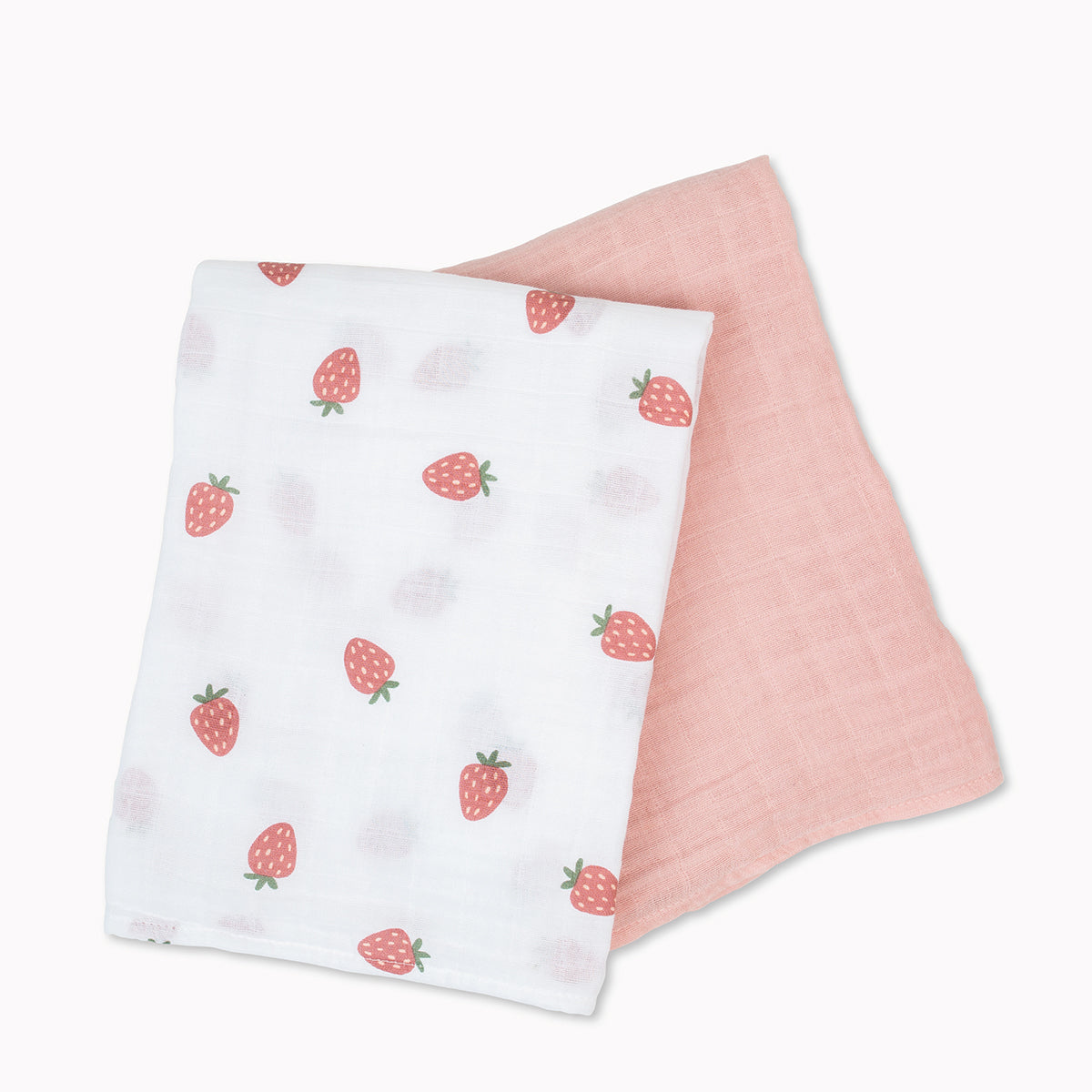 2 pack of large cotton muslin swaddle blankets.  1 is white with a strawberry print pattern and 1 is plain pink. Measuring 100 x 100cm they can be used as a swaddling blankets,  nursing cover ups, buggie covers or burp cloths