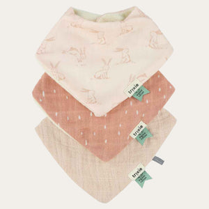 All three Organic Bandana Bibs displayed, featuring the Rosy Rabbit print and two solid muslin designs