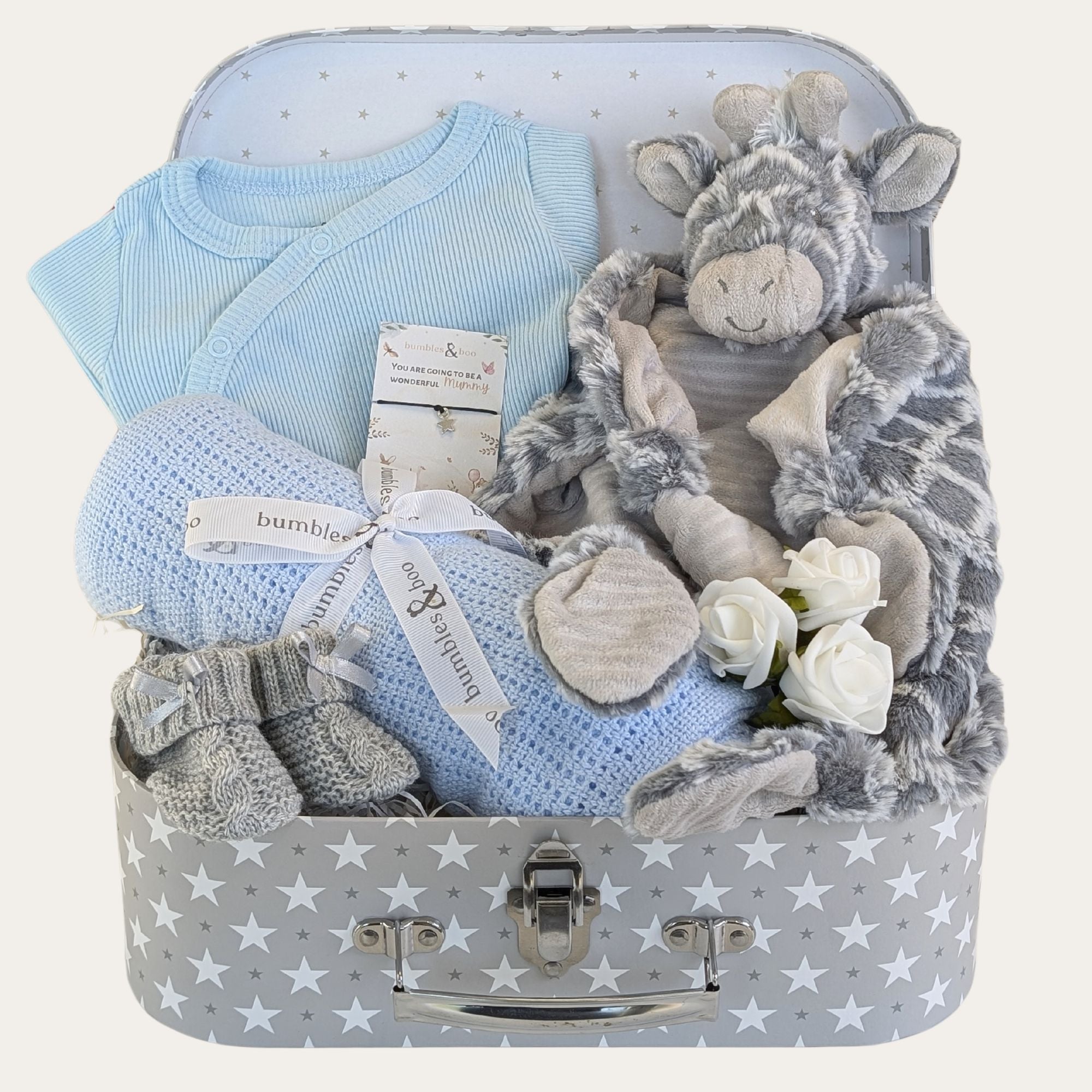 New baby boy hamper with gifts of giraffe toy, sleepsuit, baby blanket and baby booties.