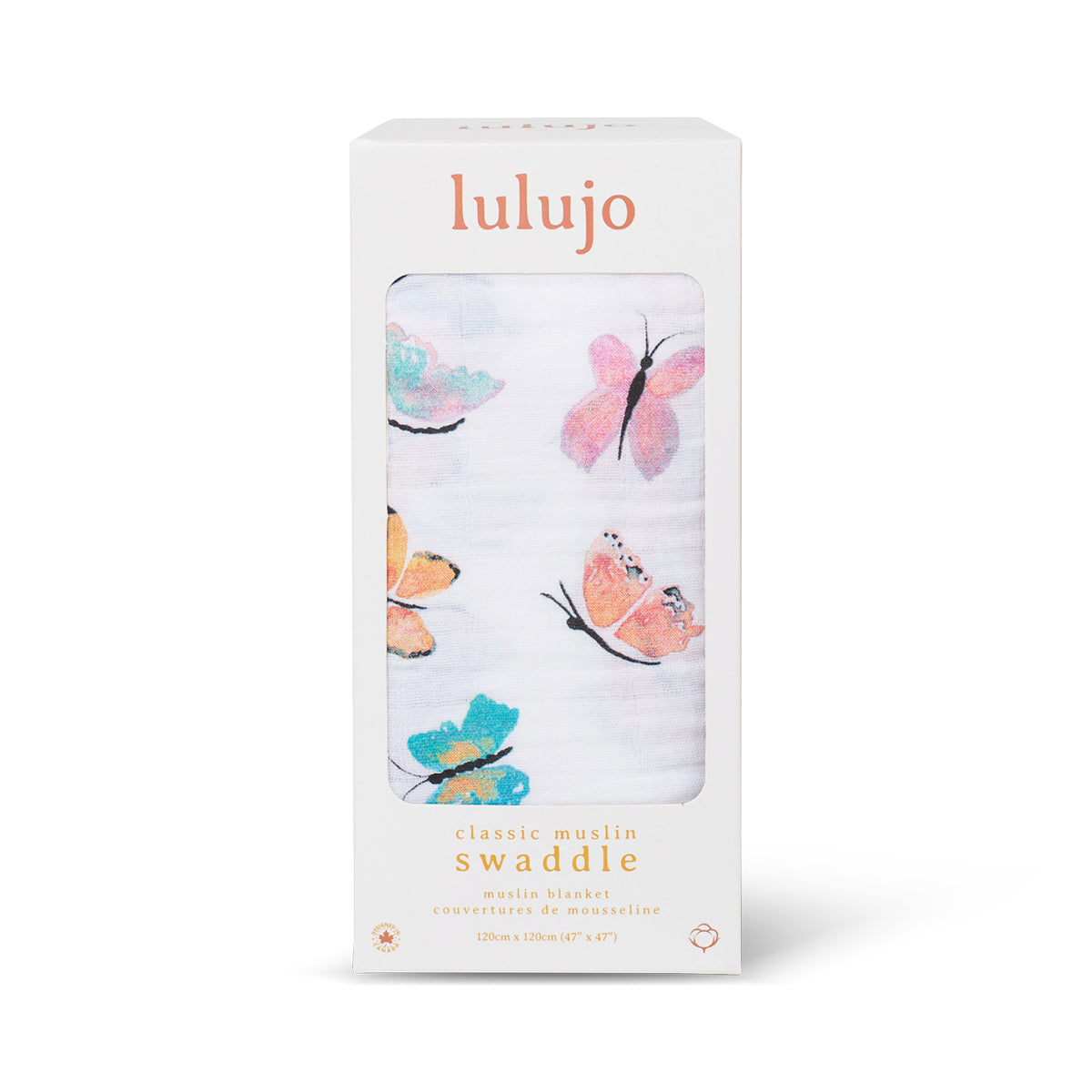 Large cotton muslin swaddle blanket featuring a delicate butterfly print in pinks and lilacs - shown in box. Lulujo.