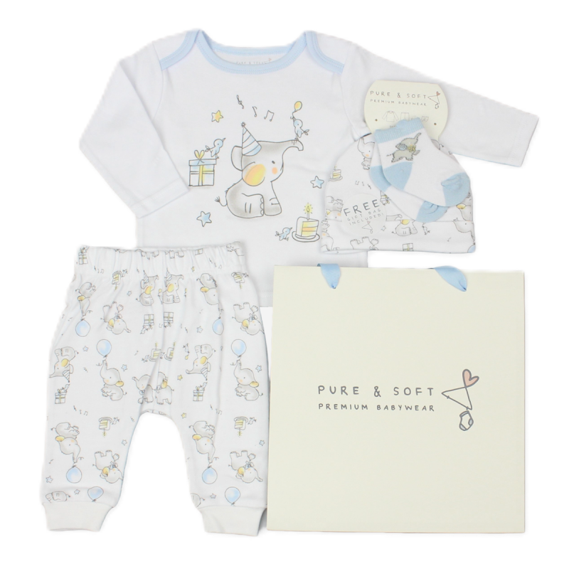 A 4 piece new baby boy clothing gift set with elephant print