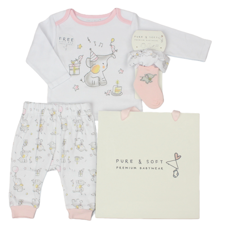 A 4 piece new baby girl clothing gift set with elephant print