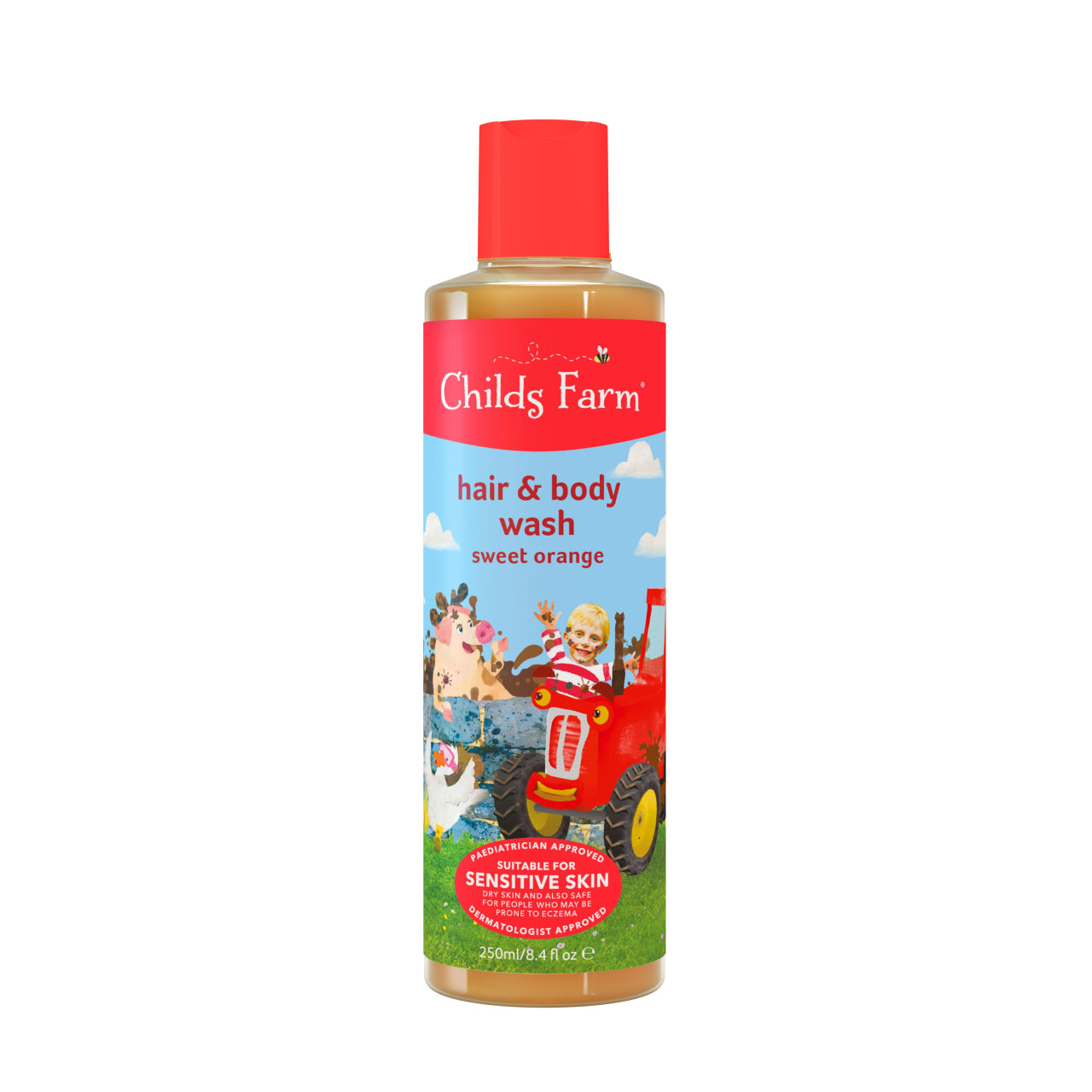 Natural hair and body wash for babies in a 250ml bottle, featuring corn and coconut-derived cleansers for gentle, nourishing care