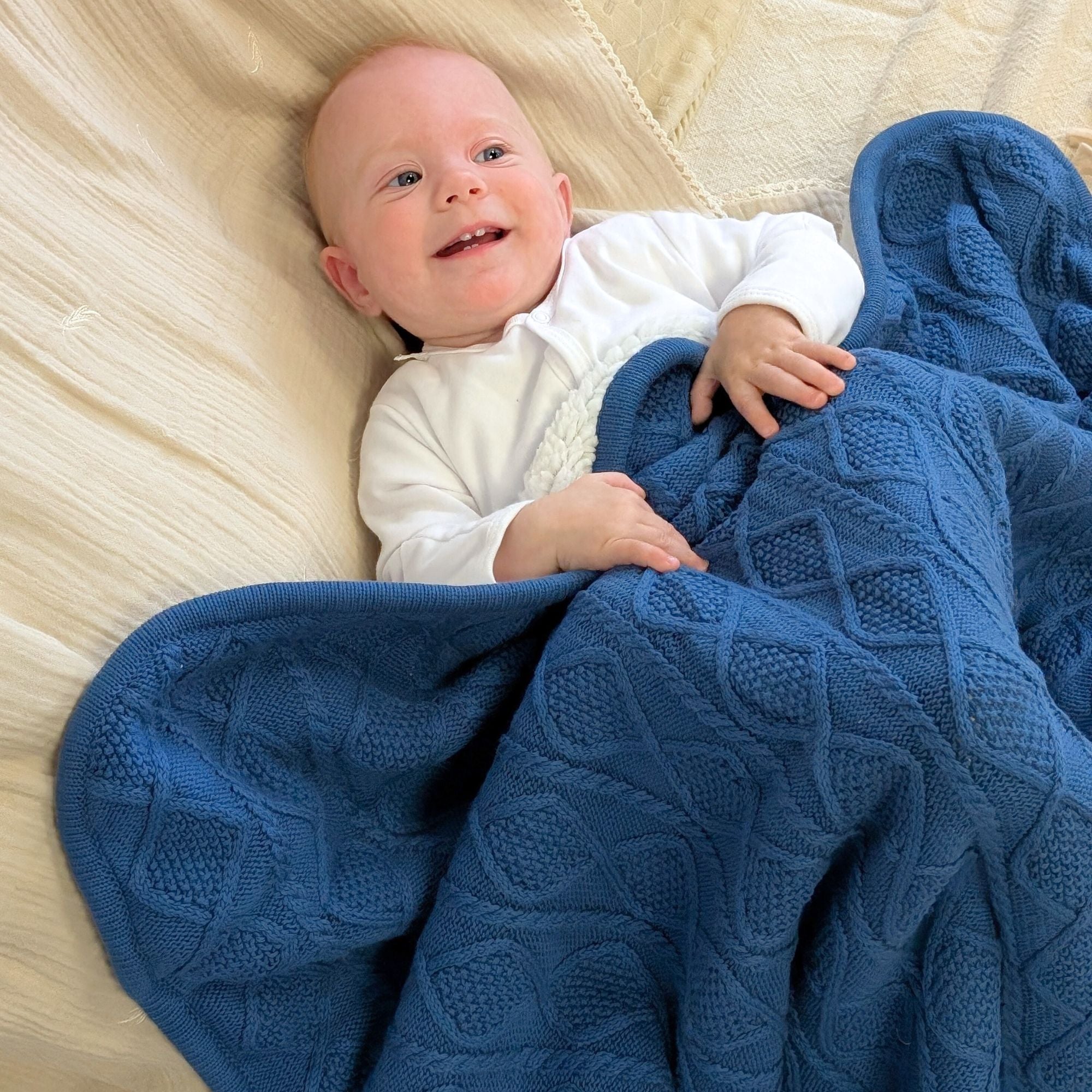 blue cable knit sherpa fleece baby blanket