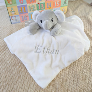 White Elephant Plush Comforter with a soft recycled yarn design, featuring a charming elephant face. Sized 36 x 36 cm, suitable for babies from birth, eco-friendly, and personalisable with a baby’s name for a thoughtful and cozy gift.