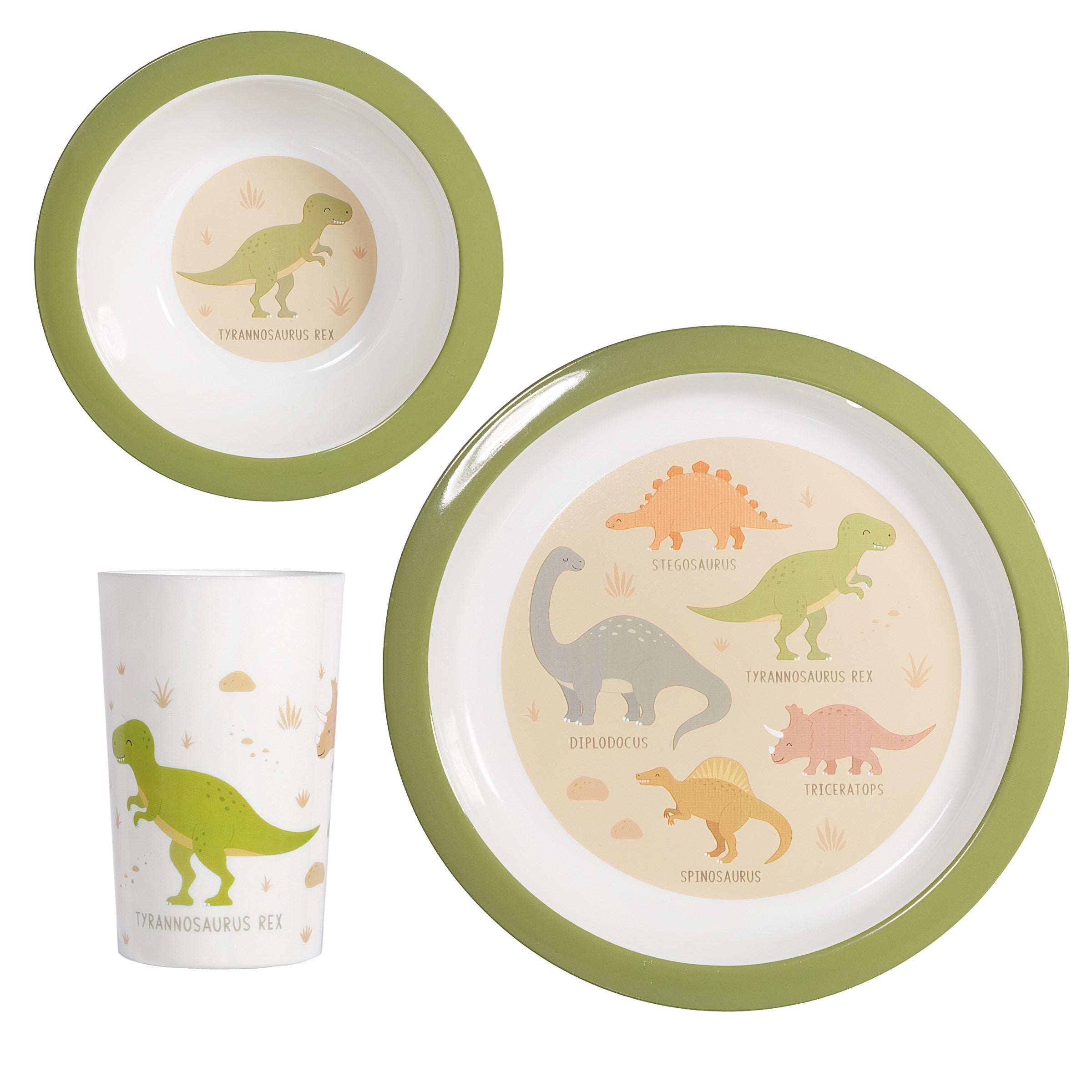 A plate, bowl and plastic beaker set with pictures and names of dinosaurs