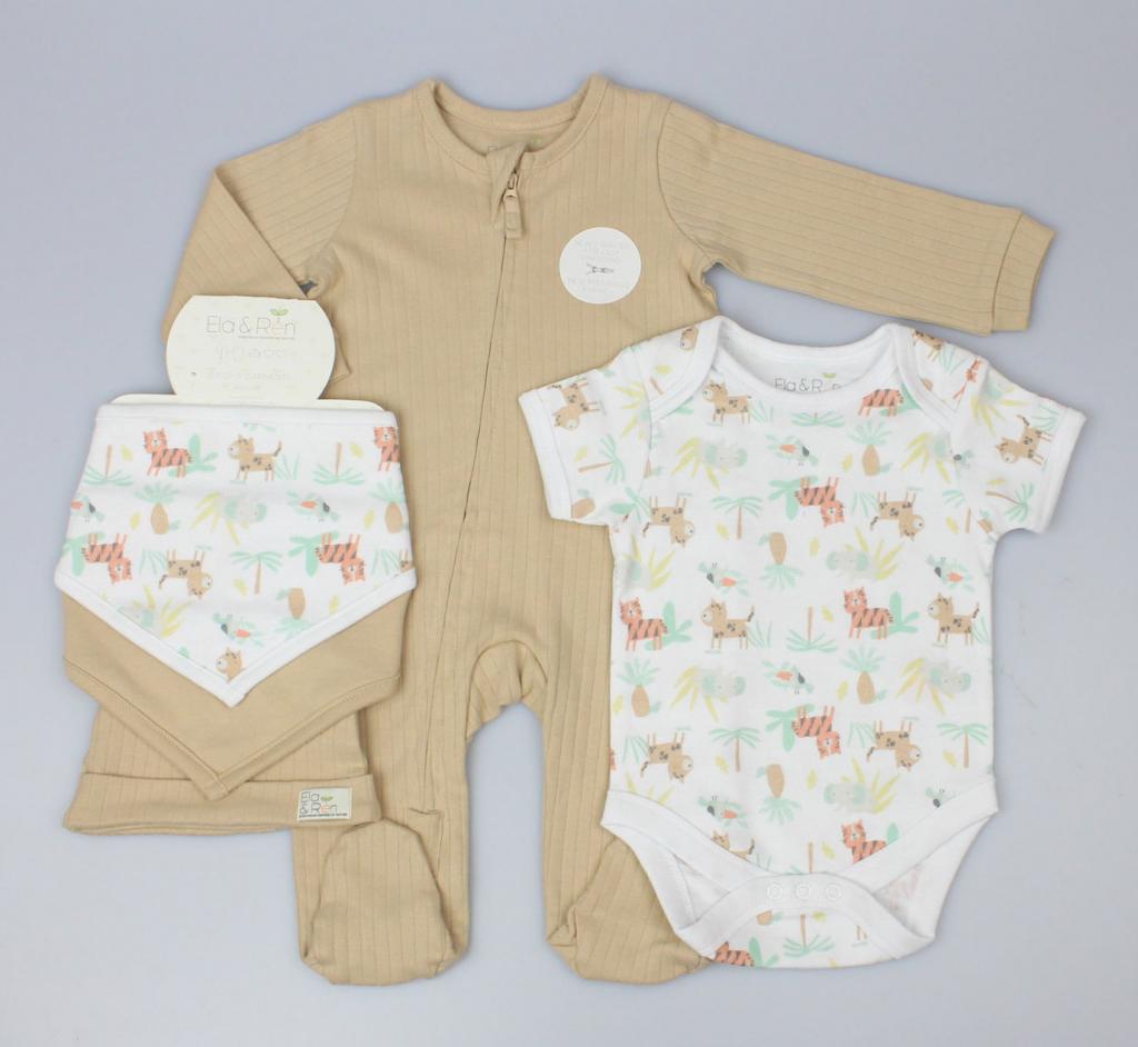 5 piece clothing gift set with a biscuit coloured long sleeve baby grow