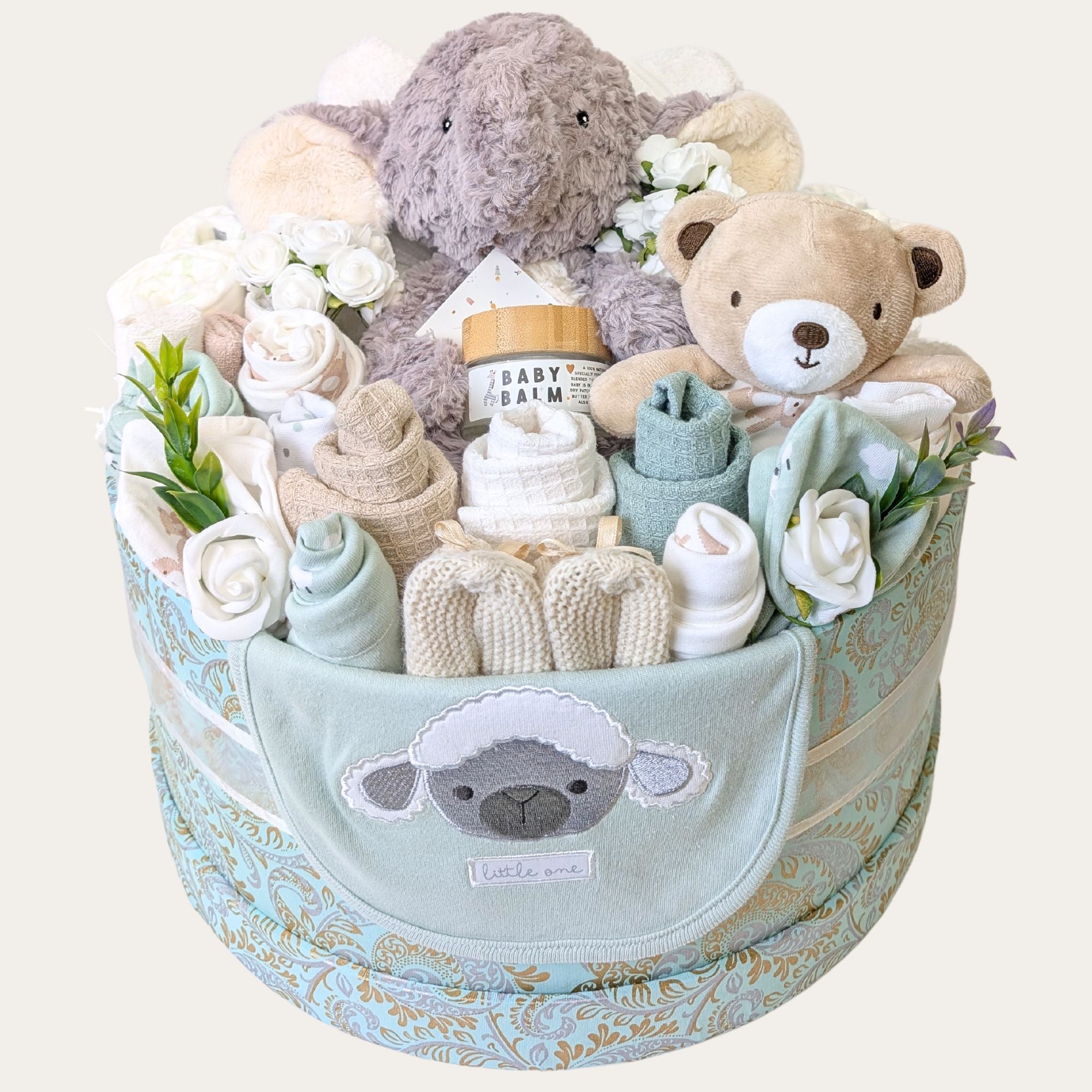 baby gifts box for new parents which includes baby clothing, elephant, blanket and towel