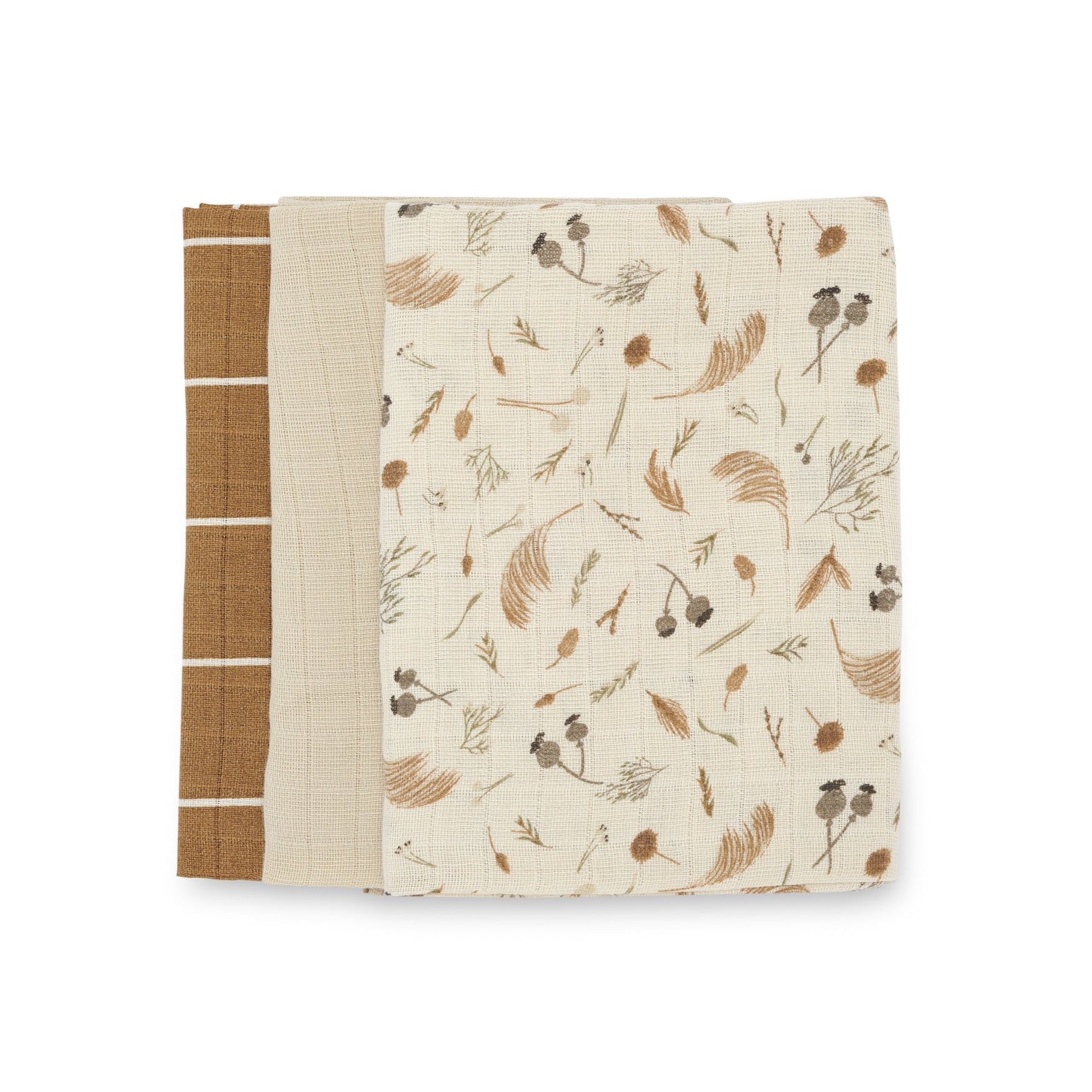 Set of 3 100% organic muslins in a grasslands neutral unisex theme