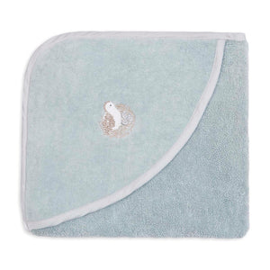 Soft blue hooded baby bath towel with a small embroidered nesting quail on the hood.