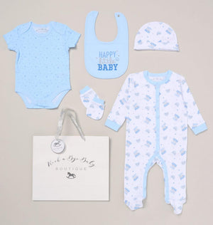 Happy Baby 5-Piece 100% Cotton Clothing Gift Set with All-in-One sleepsuit, cosy bodysuit, matching hat, practical bib, and adorable mittens. Perfect for newborns