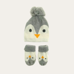 Knitted Penguin Hat with Pom Pom and  matching penguin Mittens set. Grey and  Cream. 