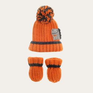 Knitted Orange Dinosaur Bobble Hat and matching Mittens. Cute, warm and cosy for little ones. 0 -12 months.