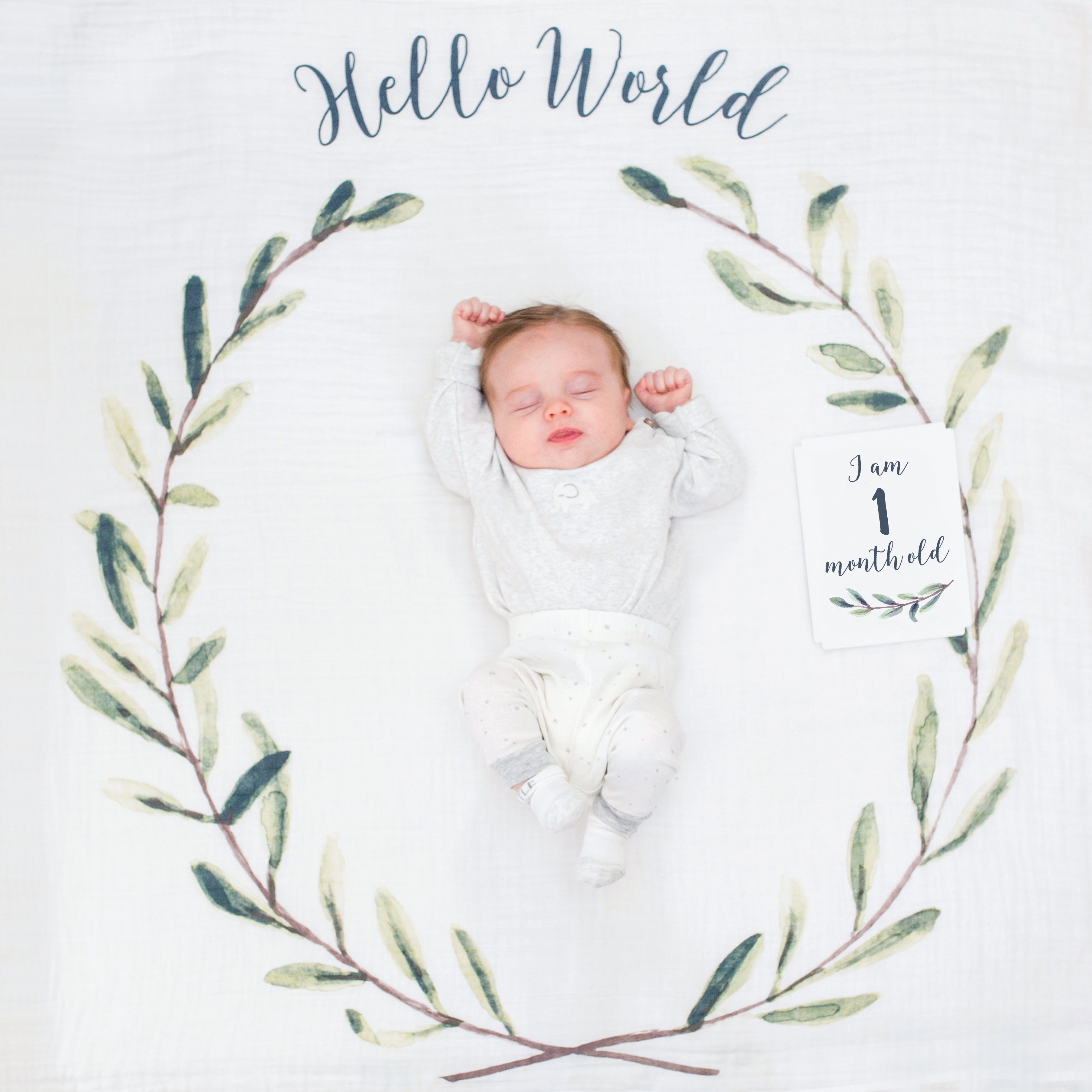 Large Cotton Swaddle and Milestone Cards &#39;Hello World&#39;