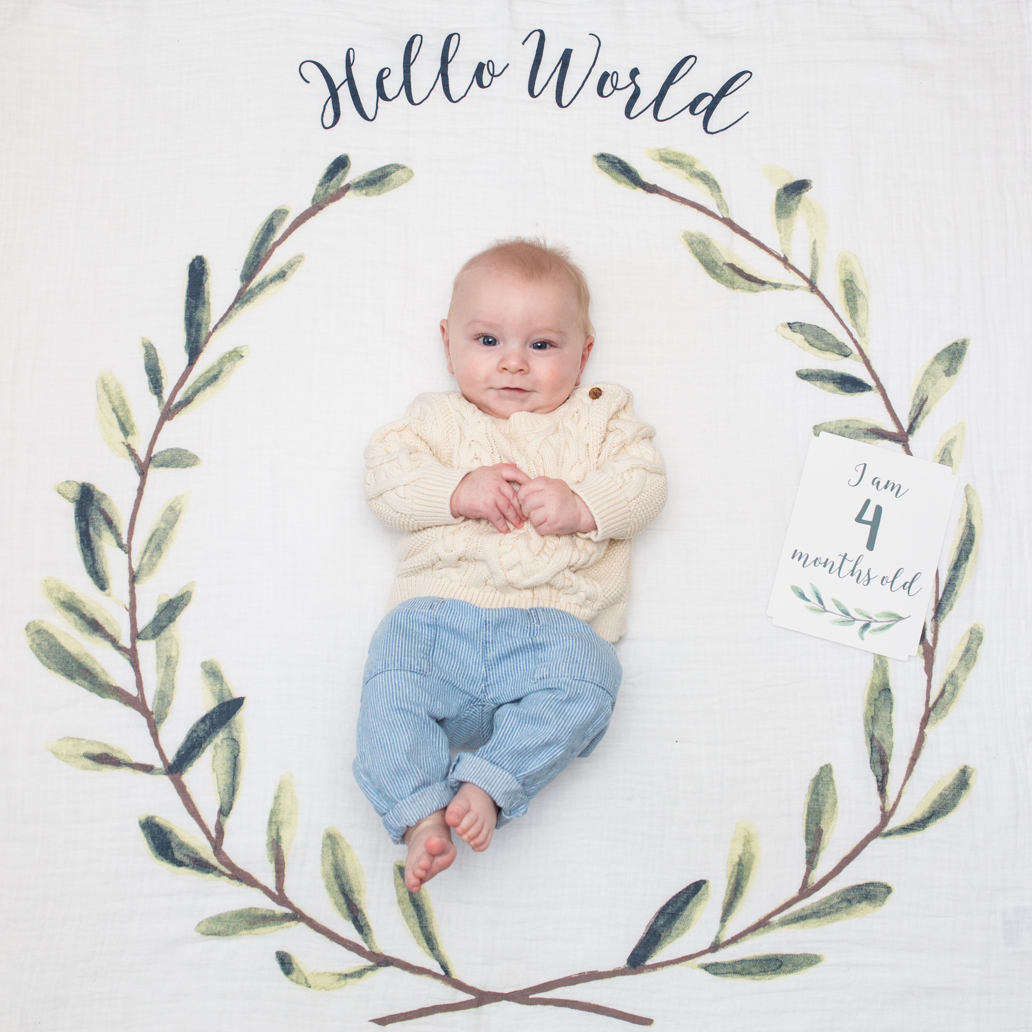 Large Cotton Swaddle and Milestone Cards &#39;Hello World&#39;