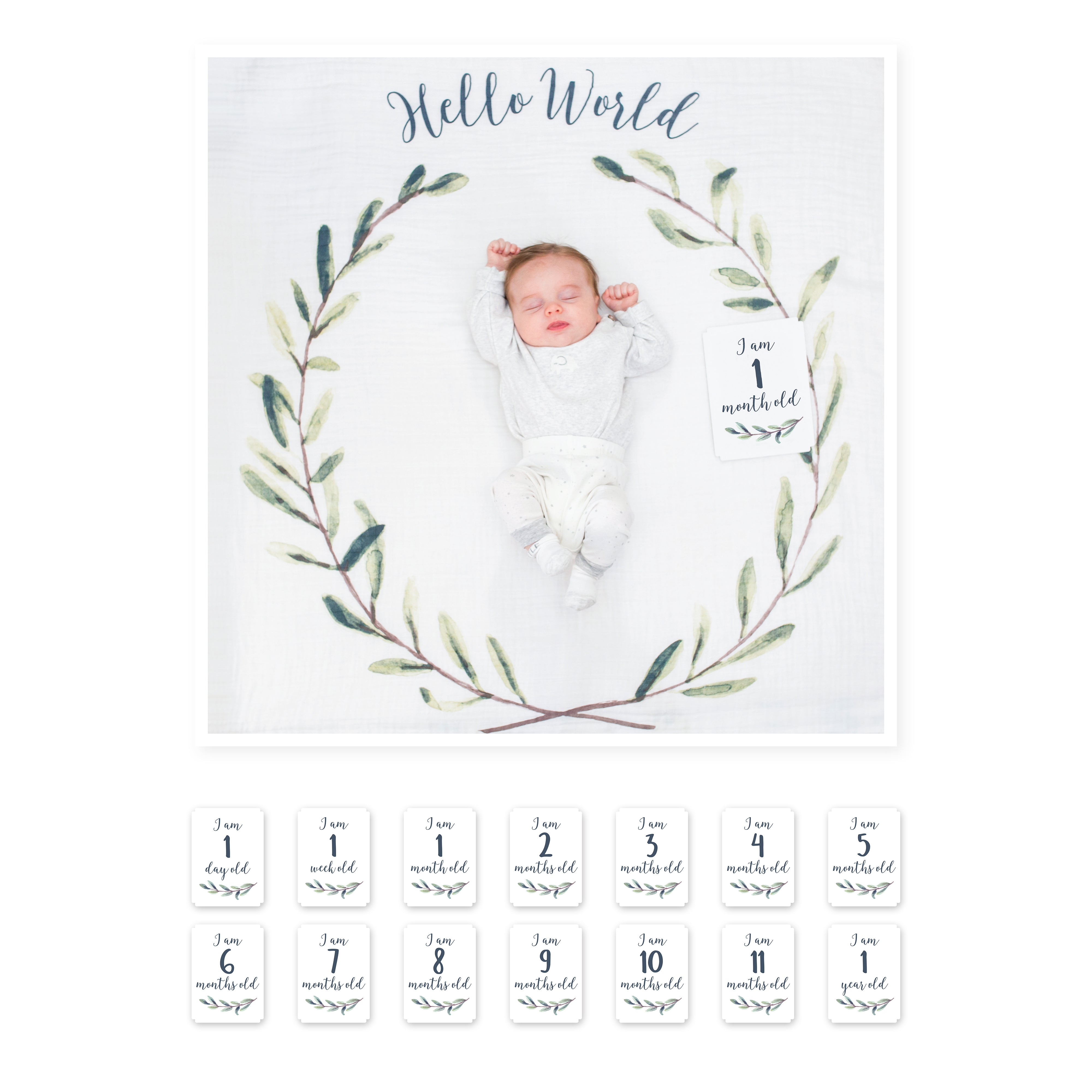 Large Cotton Swaddle and Milestone Cards &#39;Hello World&#39;