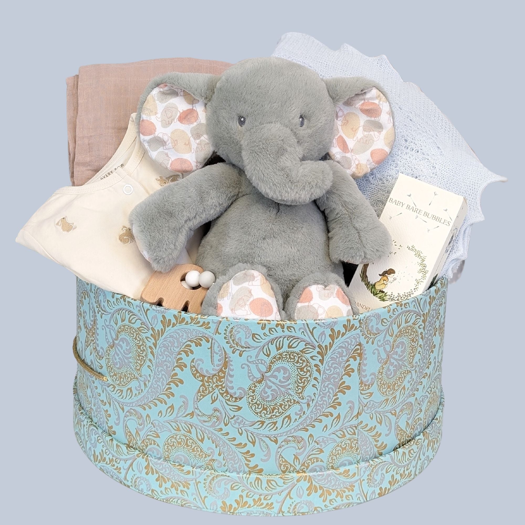 Large baby gifts hamper box with organic clothing, elephant soft toy, cashmere and baby bubbles.