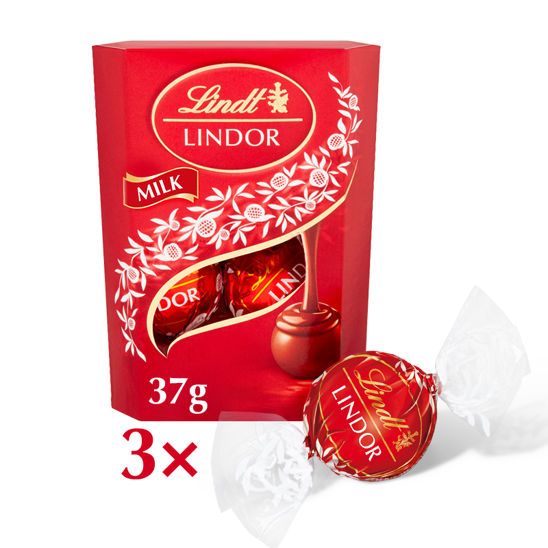 A small gift box containing 3 chocolate truffle balls from Lindt
