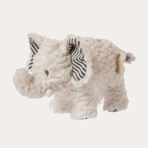 Soft wind up musical elephant toy. White with grey striped ears. Mary Meyer. 