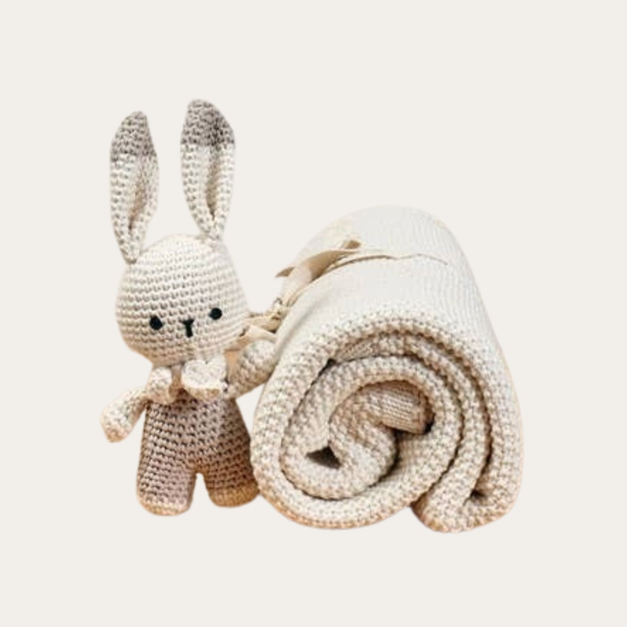 Organic vanilla Baby Blanket With handmade Crochet Baby Soft Beige Rabbit Soft Toy, Baby Blanket. Bumbles and boo.