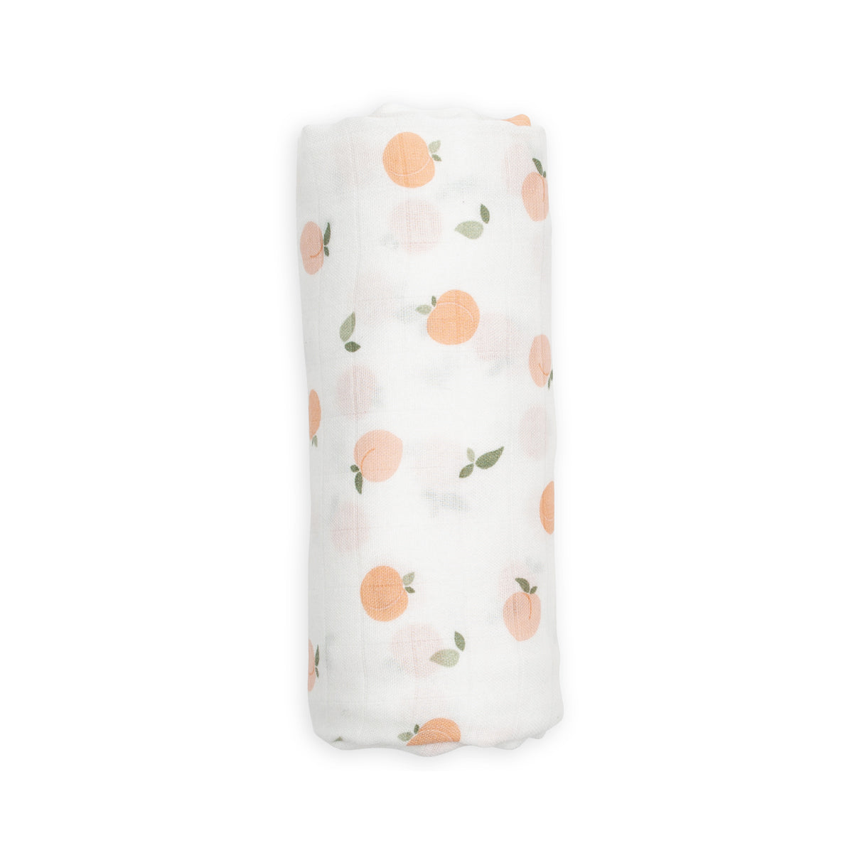 Soft white bamboo swaddle with cute peach design. Unisex muslin for baby. 