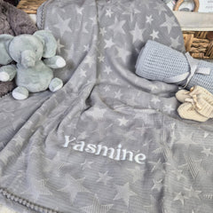 Grey Star Embossed Mink Wrap with Pom Pom Trim – Baby Blanket 75 x 90cm