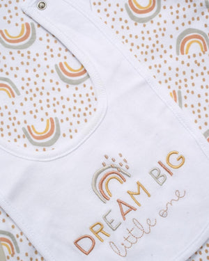 baby clothing set which reads dream big little one