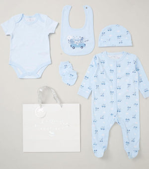 100% Blue Cotton 5-Piece Layette Set with adorable vehicle print, including an All-in-One sleepsuit, bodysuit, hat, bib, and matching mittens. Perfect gift for newborns.