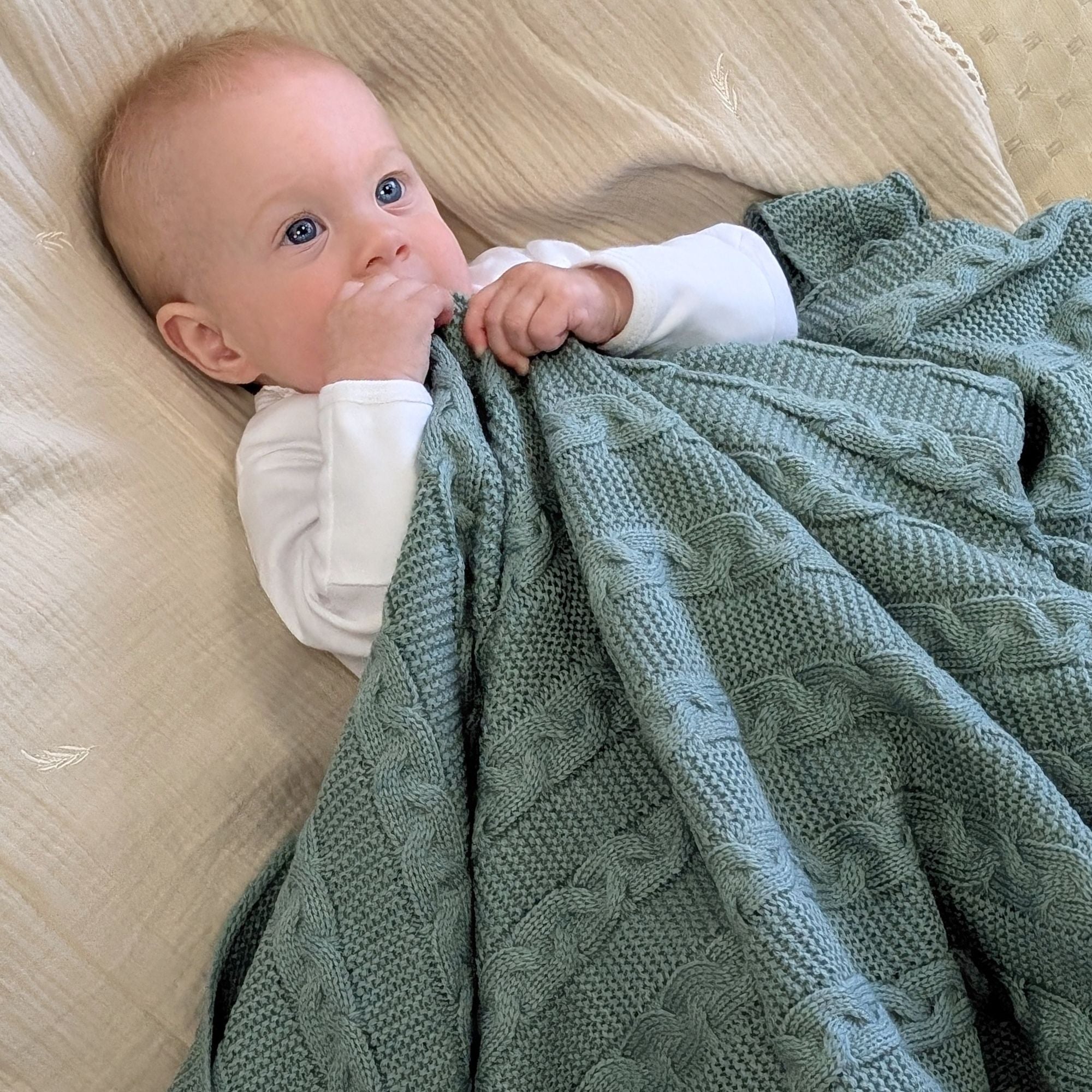 sage green knit baby blanket wrap