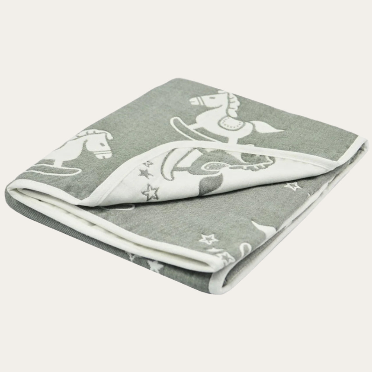 Reversible white and grey rocking horse cotton baby blanket wrap, 80 x 78cm, cosy and stylish