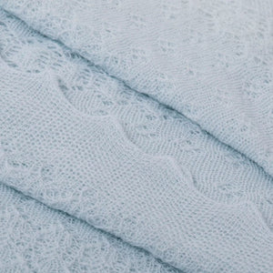 Luxury blue baby shawl, handcrafted from soft 100% acrylic with a delicate lace design, perfect for newborns and baby gifts. Bumbles and boo. 