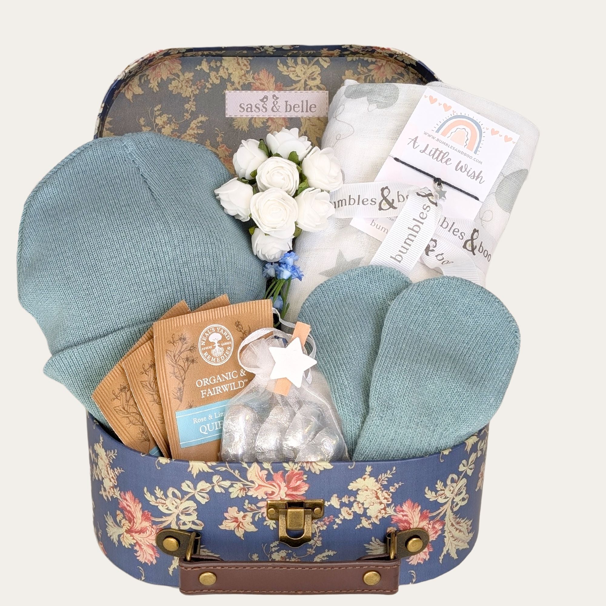 baby boy gifts hamper with knit hat and mittens, organic tea, milk chocolates, muslin square and bracelet for mum