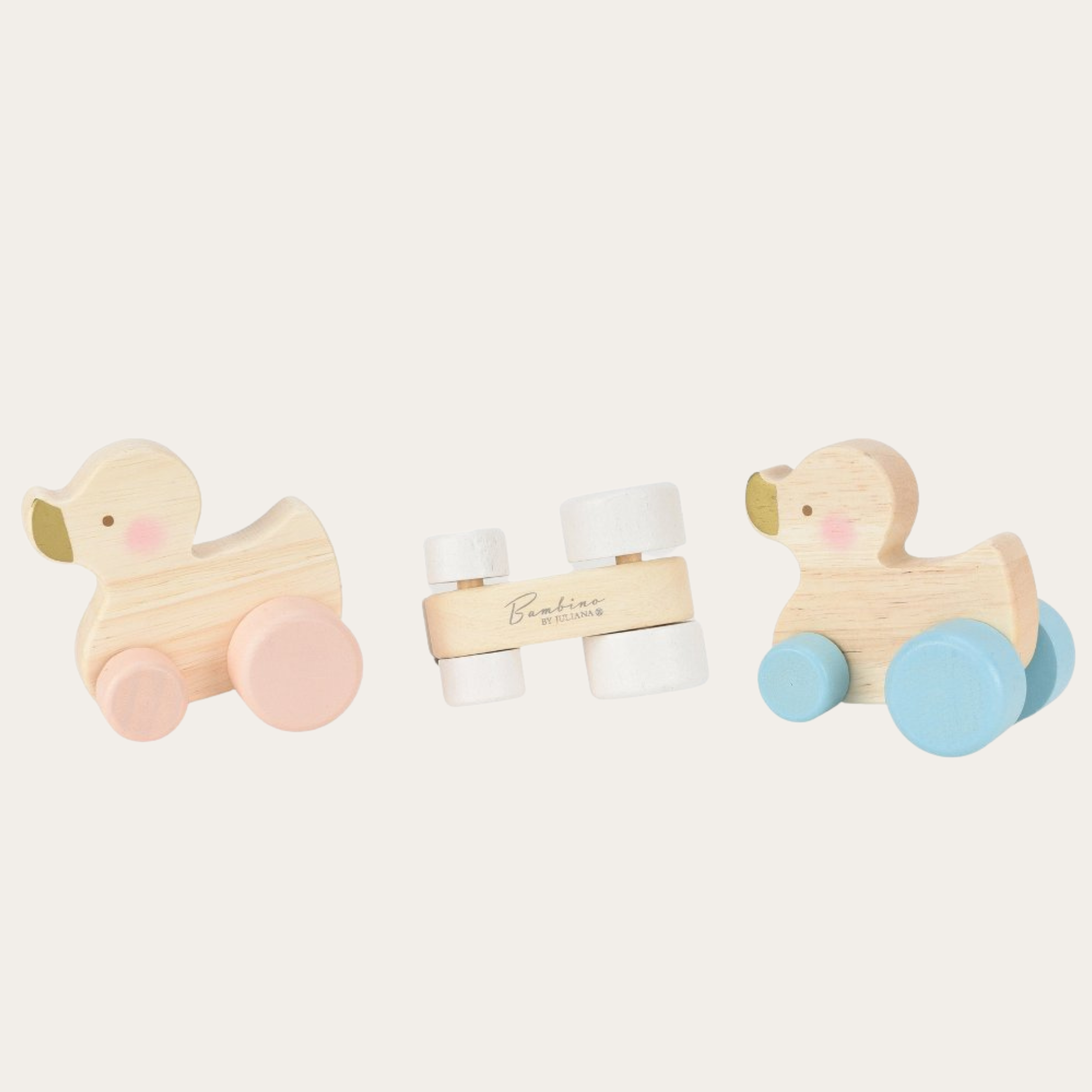 Wooden Push Along Duck Toys in pink, blue and white.