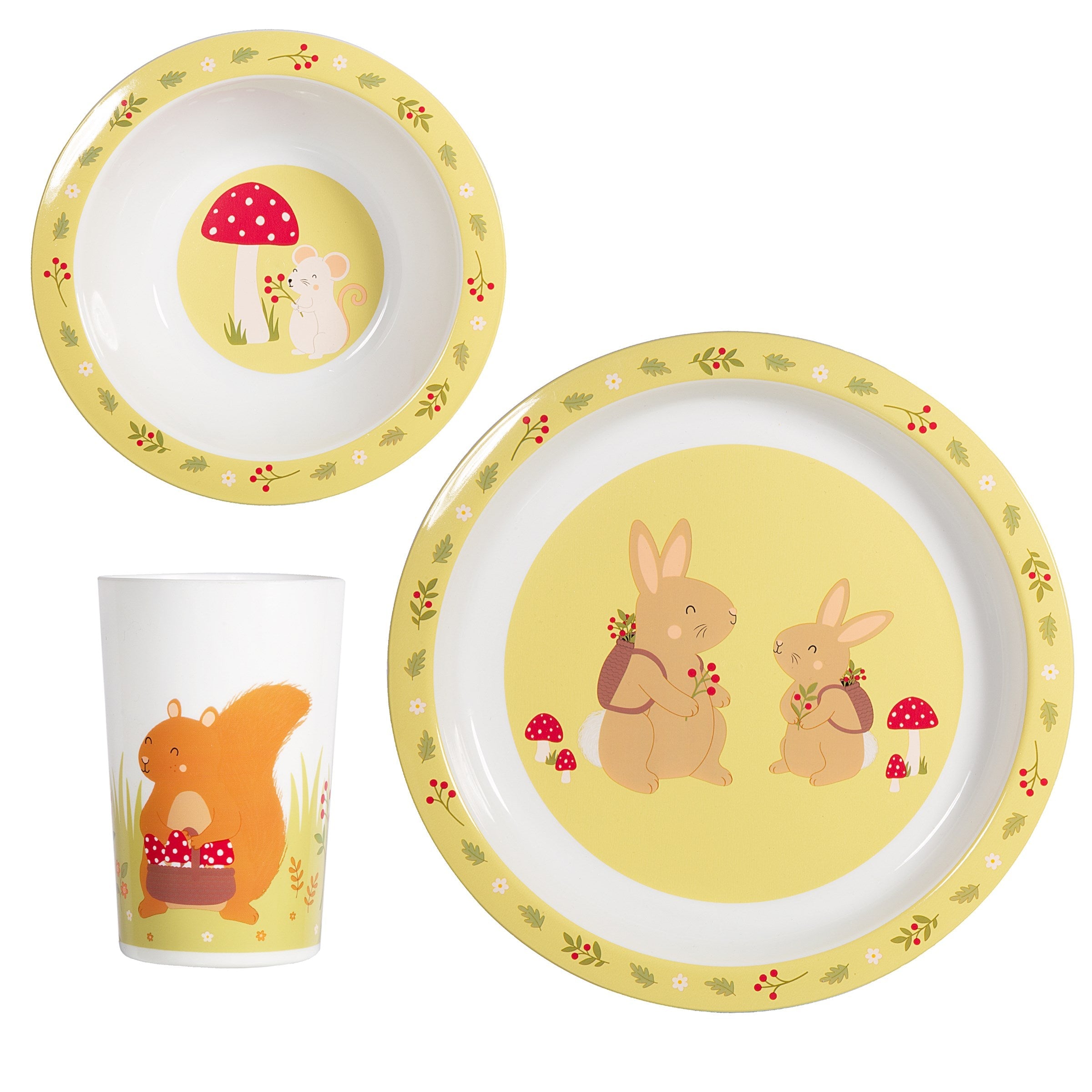 A garden themed plate and bowl set  featuring a bunny, mouse and squirrel