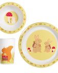 A garden themed plate and bowl set  featuring a bunny, mouse and squirrel