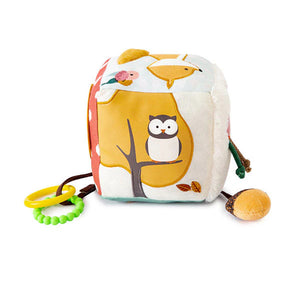 A soft activity cube with a teething ring, mirror, a cute stuffed acorn and lots of interesting fabrics for little ones to grasp and pull