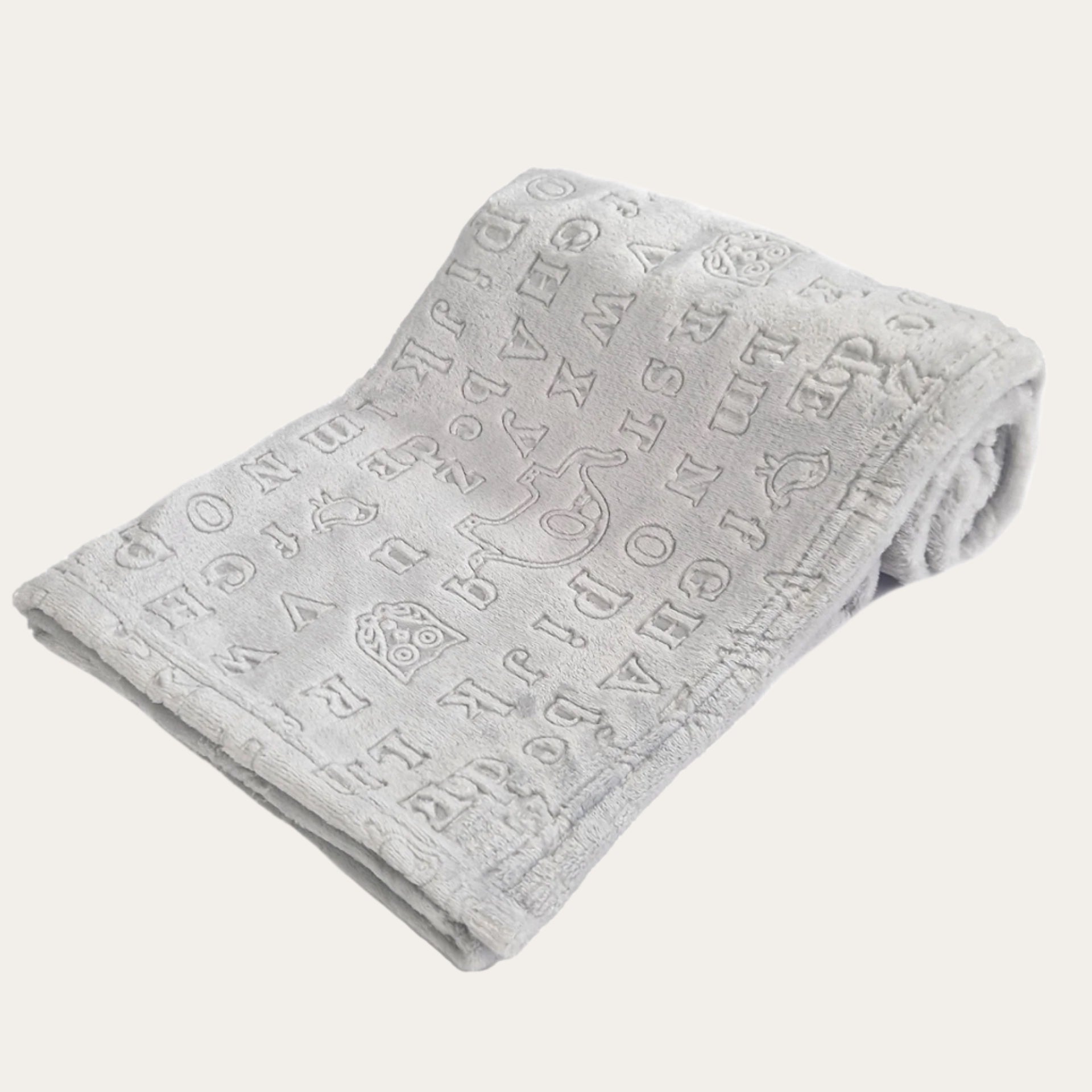 Grey alphabet embossed baby wrap – soft and cosy baby blanket.