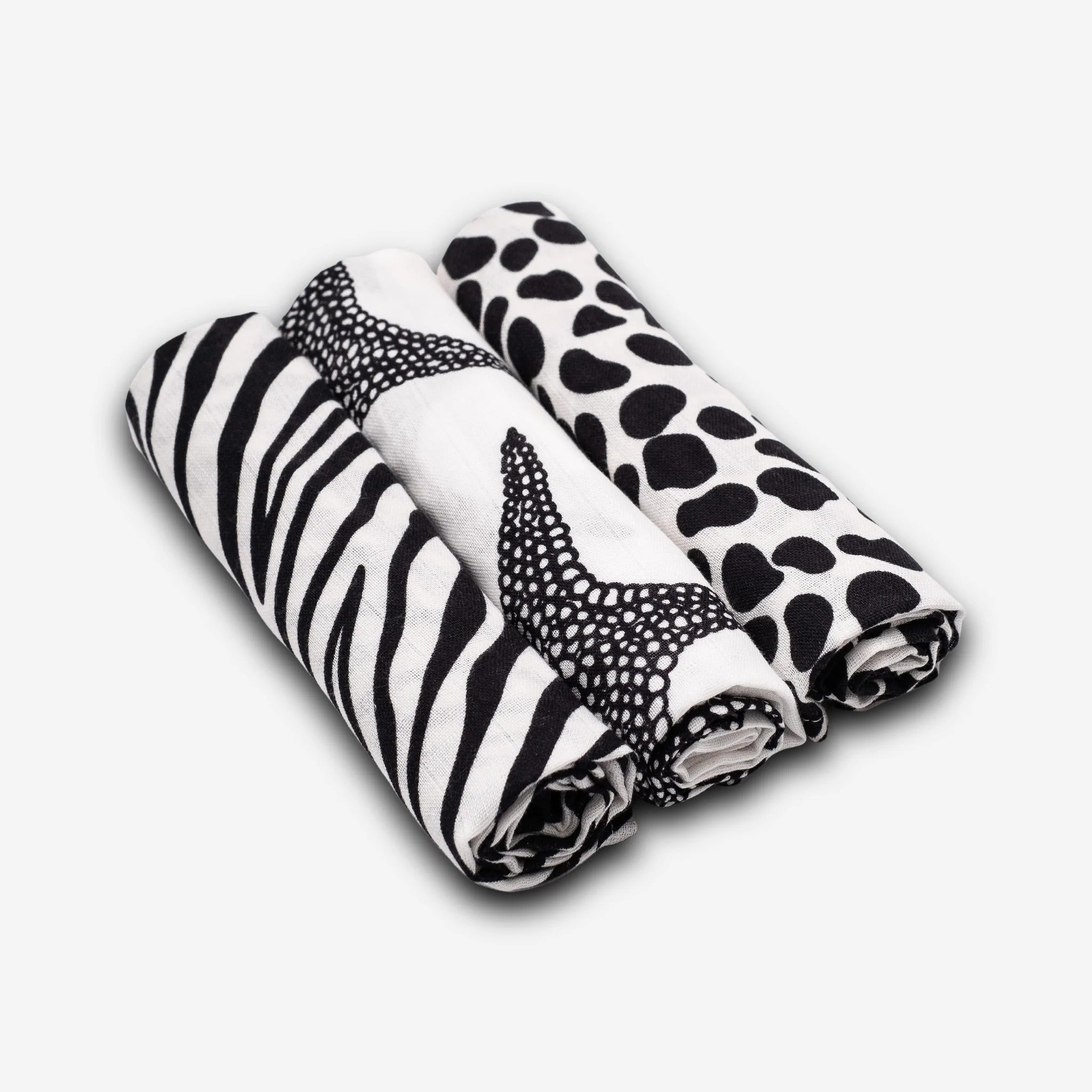 New Baby Gift Set of 3 organic sensory black and white muslins with animal print to help with brain development