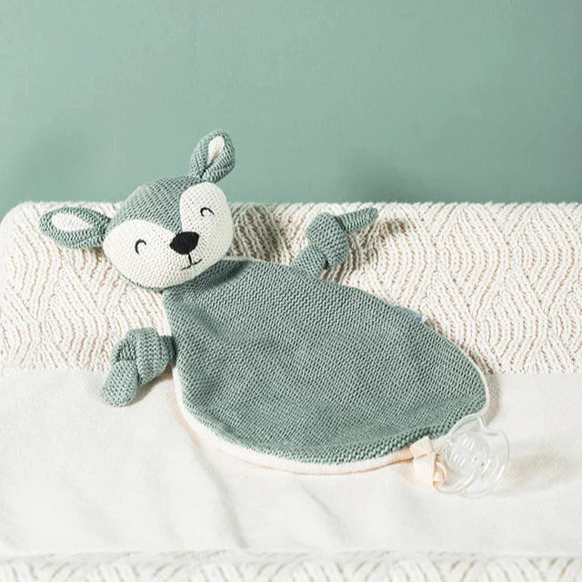 Pacifier Cloth Comforter ash green fox with soft fleece belly, terry back, and pacifier loop for baby comfort