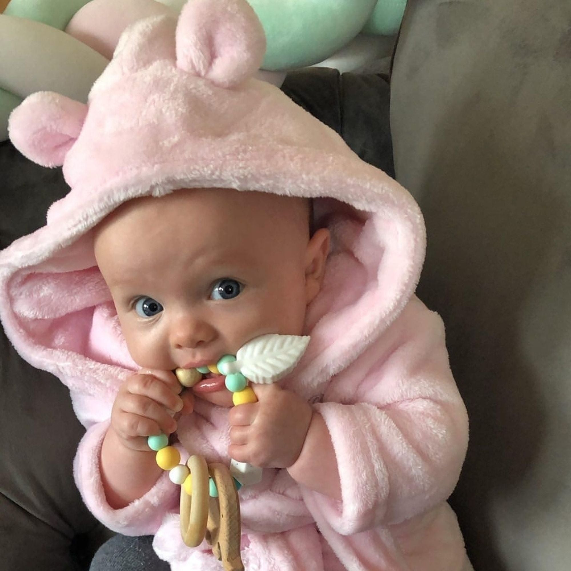 pink baby bath robe with cute ears and tie