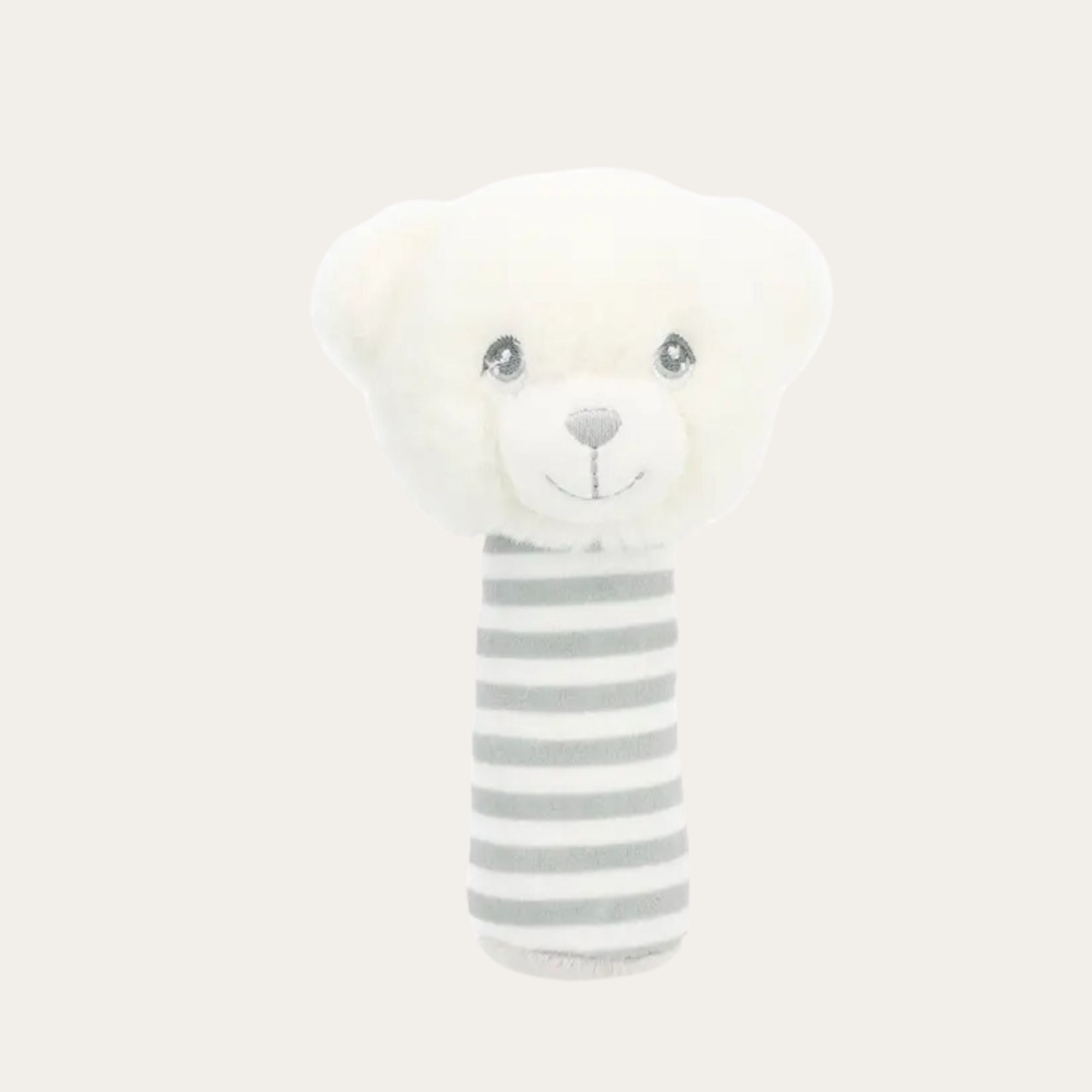 bear stick rattle in grey and white for a baby