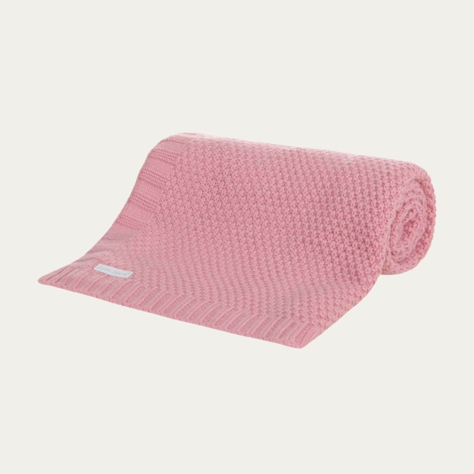 Soft dusky pink knitted baby blanket. bumbles and boo.