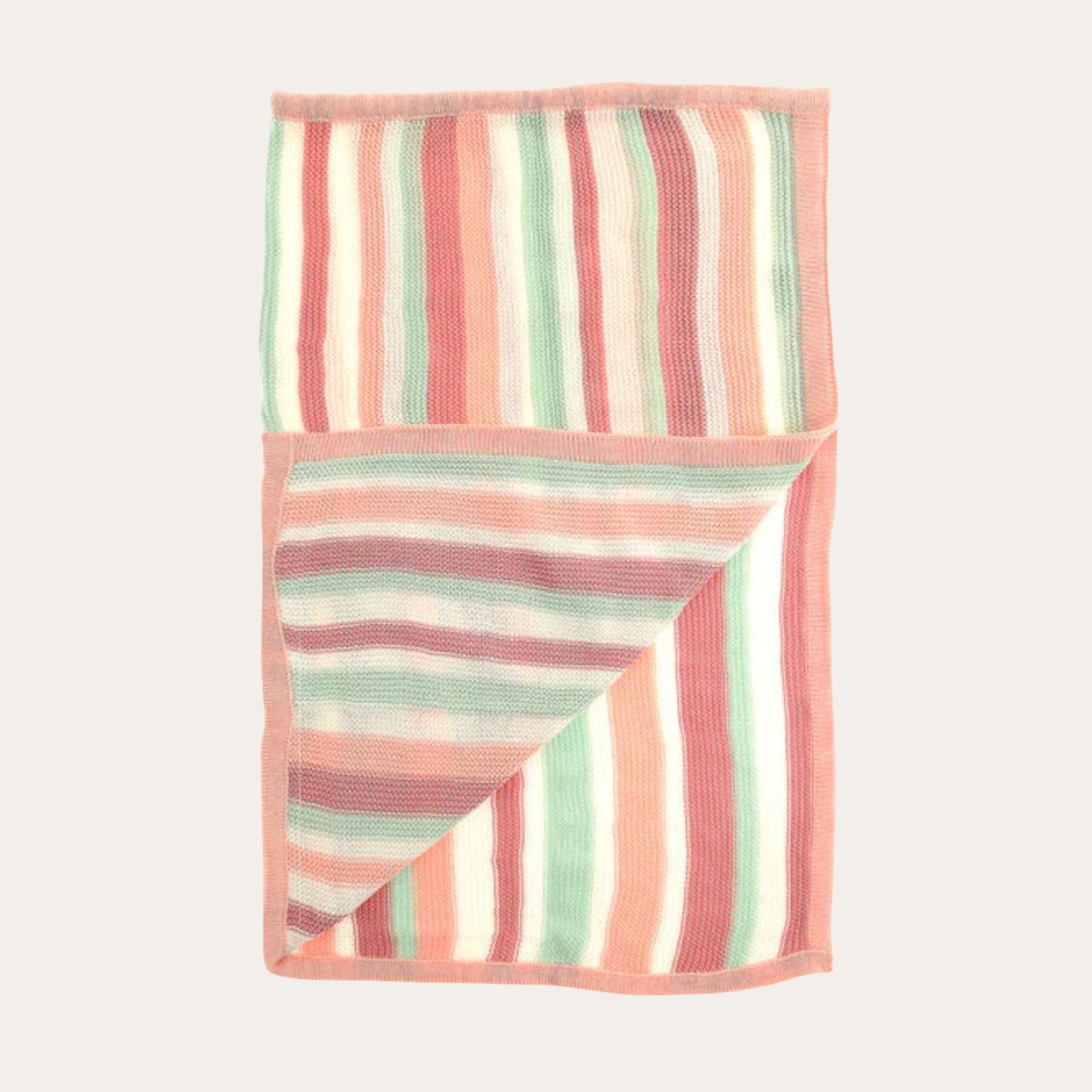 heavy knit baby blanket with pink green and white stripes.