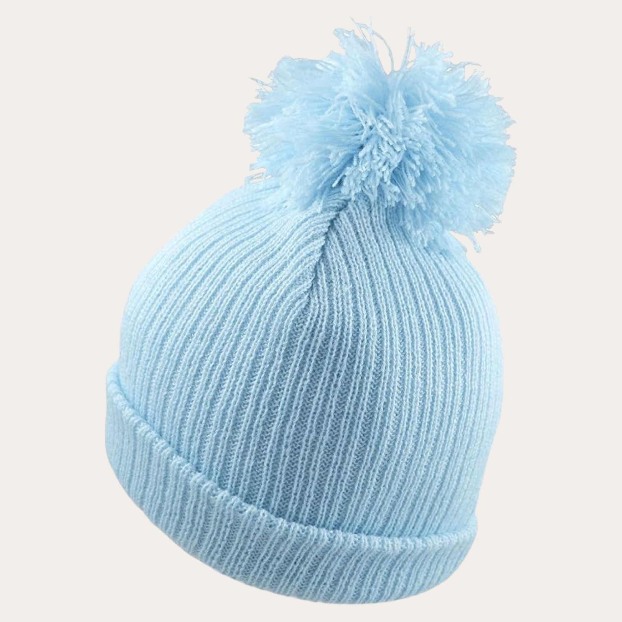 baby blue rib knitted pom pom hat